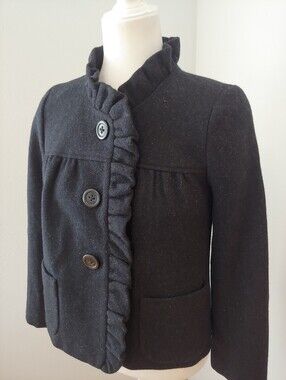 J.Crew Vintage Fiona Charcoal Ruffle Wool Coat Women's size 0 Green Label